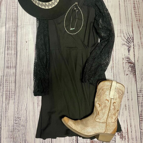 Black V-neck Midi Dress w/Lace Sleeves | L - Picture 3 of 3